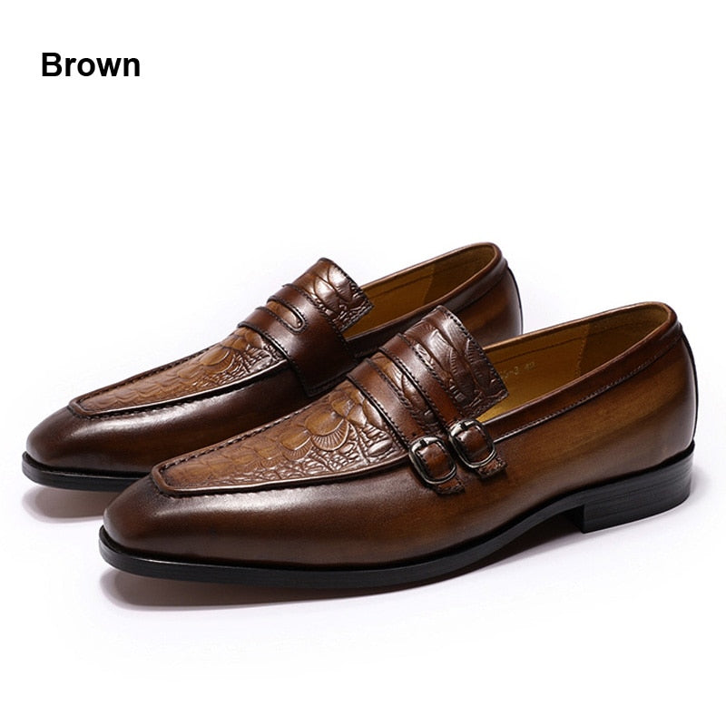 FELIX CHU Chaussures Hommes Casual Business - Mocassins en Cuir Véritable avec Double Boucle Brown