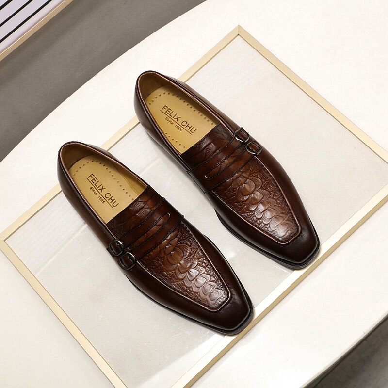 FELIX CHU Chaussures Hommes Casual Business - Mocassins en Cuir Véritable avec Double Boucle