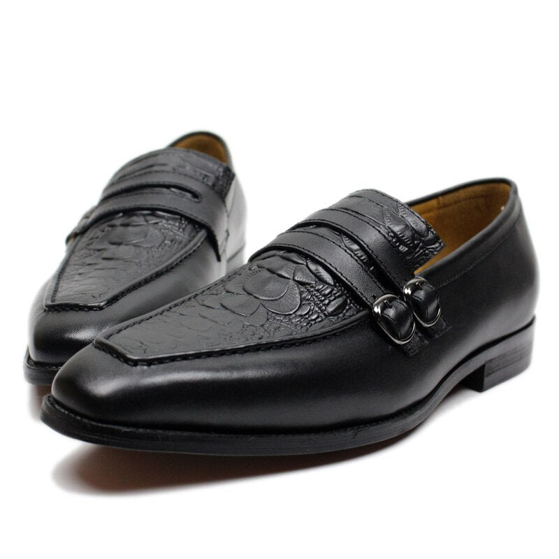 FELIX CHU Chaussures Hommes Casual Business - Mocassins en Cuir Véritable avec Double Boucle Black