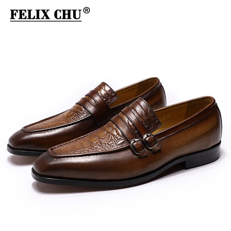 FELIX CHU Chaussures Hommes Casual Business - Mocassins en Cuir Véritable avec Double Boucle