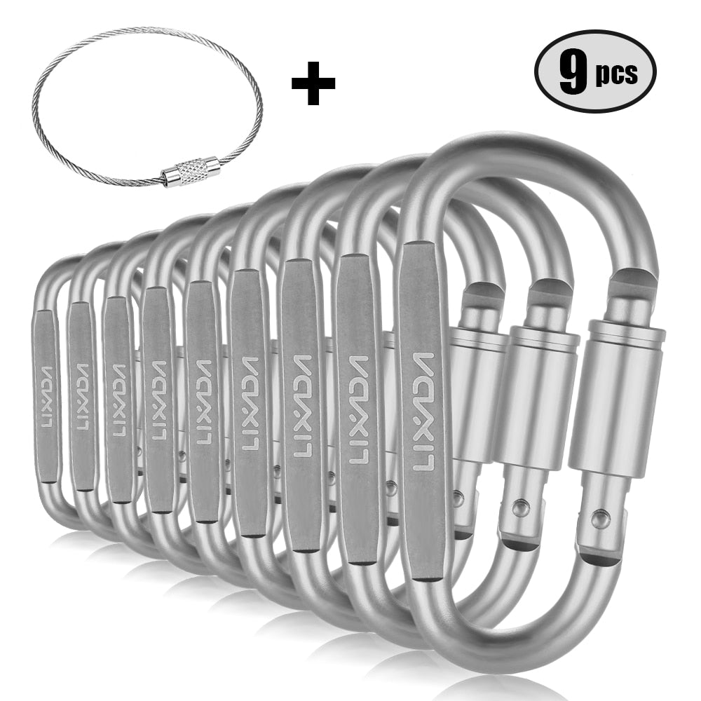 Lixada 1/9 PCS D-Ring Locking Carabiner Clip Set - Matériel de Camping et d'Escalade - AOMshop 9 PCS Silver