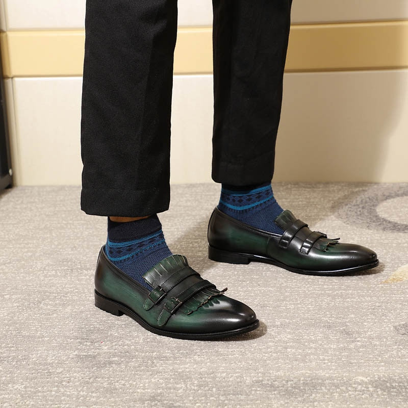Handmade Mens Tassel Loafers Buckle Monk Strap Genuine Leather Green Black