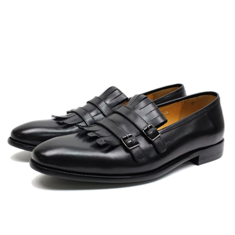 Handmade Mens Tassel Loafers Buckle Monk Strap Genuine Leather Green Black