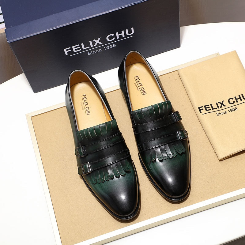 Handmade Mens Tassel Loafers Buckle Monk Strap Genuine Leather Green Black