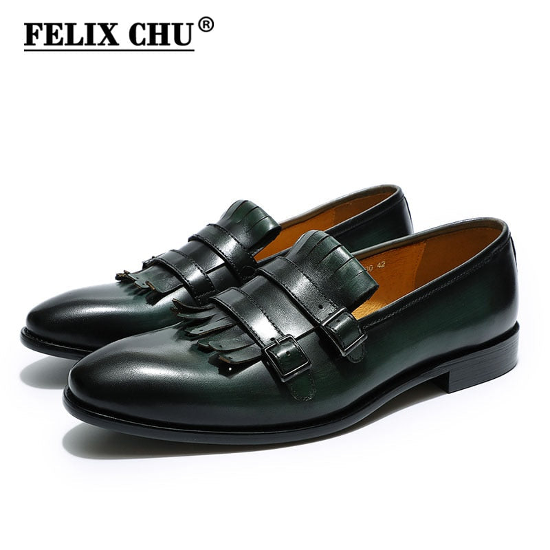 Handmade Mens Tassel Loafers Buckle Monk Strap Genuine Leather Green Black