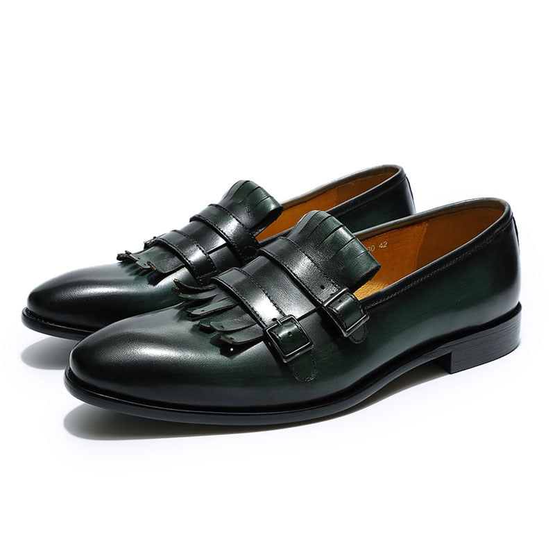Handmade Mens Tassel Loafers Buckle Monk Strap Genuine Leather Green Black Green
