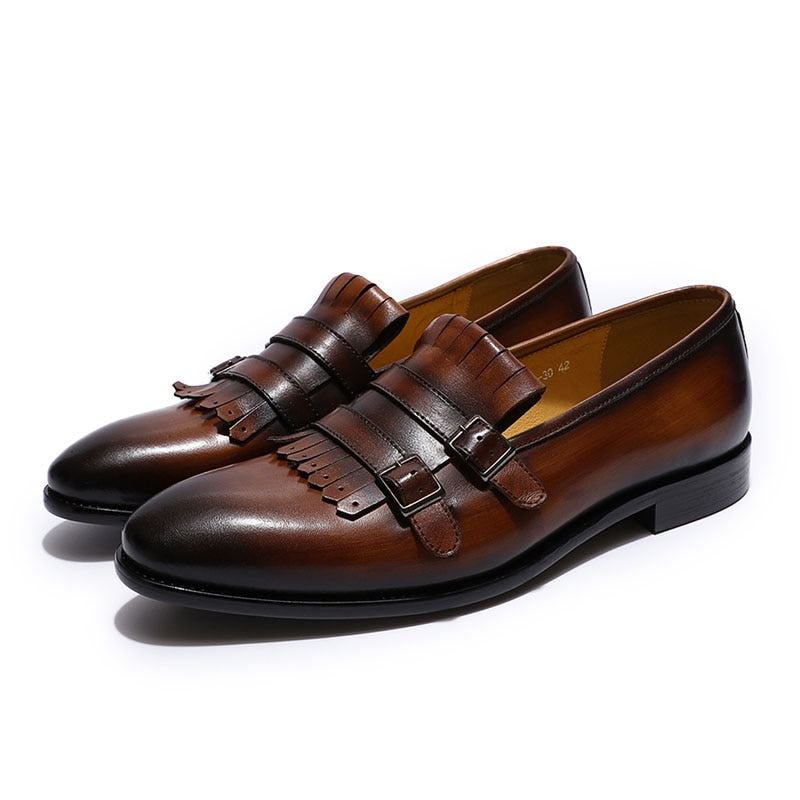 Handmade Mens Tassel Loafers Buckle Monk Strap Genuine Leather Green Black Brown