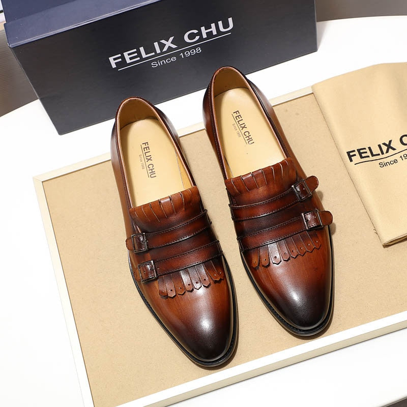 Handmade Mens Tassel Loafers Buckle Monk Strap Genuine Leather Green Black