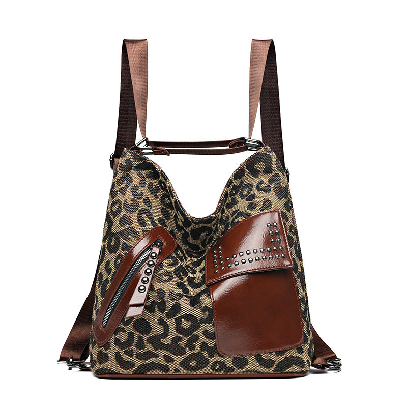 Houndstooth Backpack Women Fashion Rivet Design Leopard Shoulder Bags Leopard Pattern Material nylo