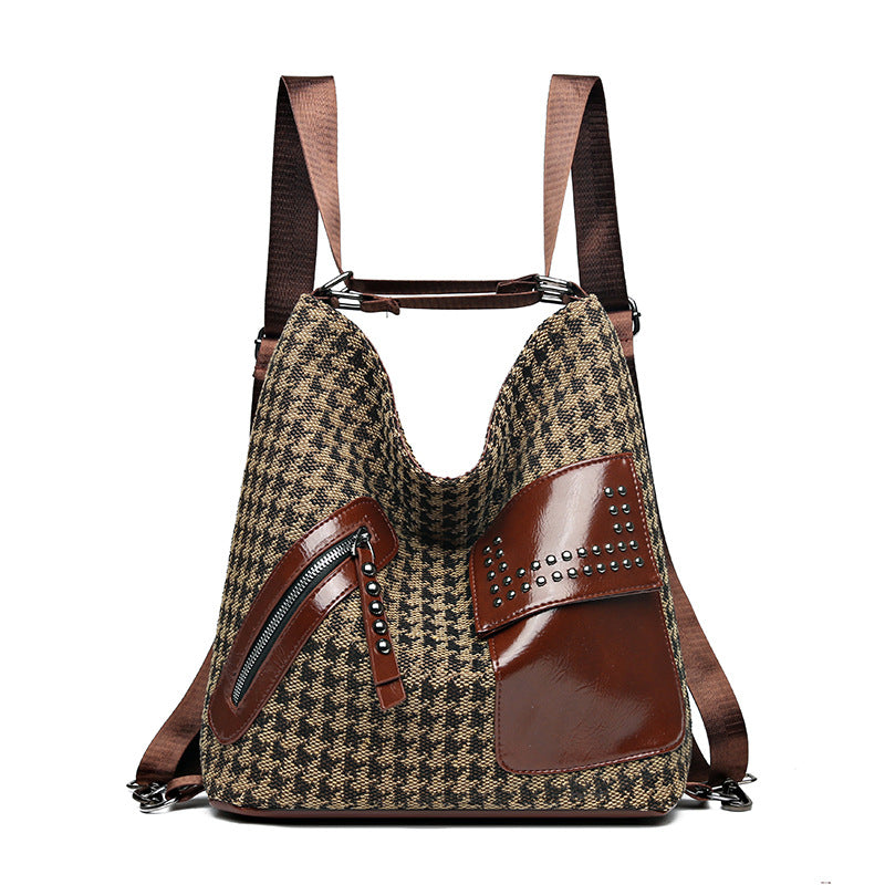 Houndstooth Backpack Women Fashion Rivet Design Leopard Shoulder Bags Thousand Bird Pattern
