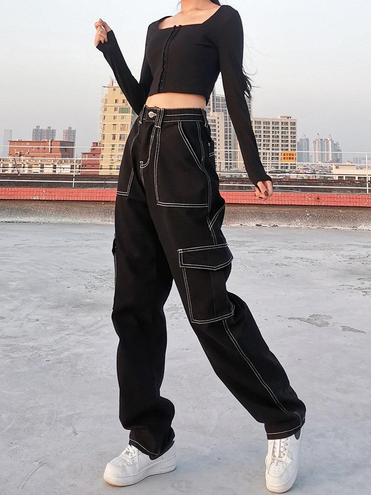 "Jean en Coton Noir pour Femme - Style Harajuku Punk avec Fil Blanc"