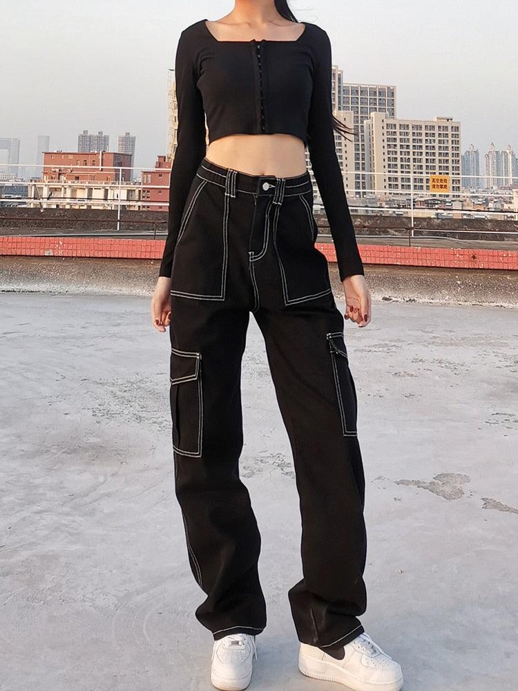 "Jean en Coton Noir pour Femme - Style Harajuku Punk avec Fil Blanc" Black
