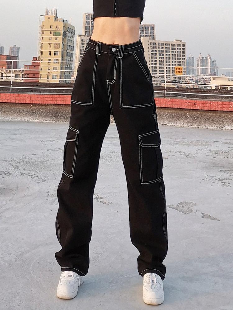 "Jean en Coton Noir pour Femme - Style Harajuku Punk avec Fil Blanc"