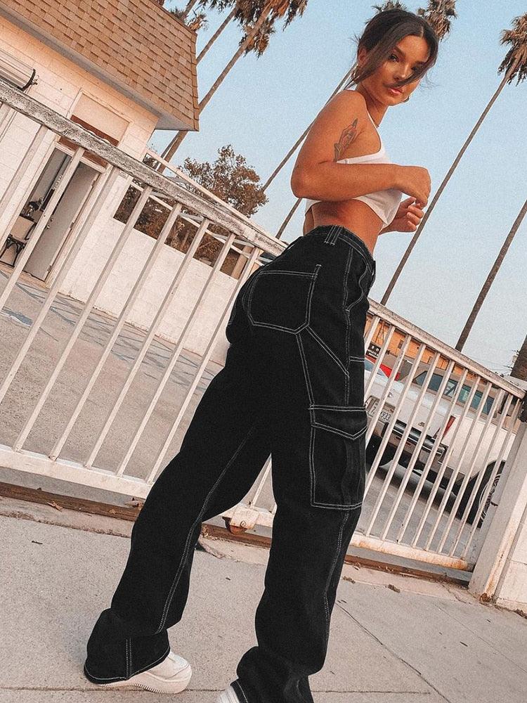 "Jean en Coton Noir pour Femme - Style Harajuku Punk avec Fil Blanc"