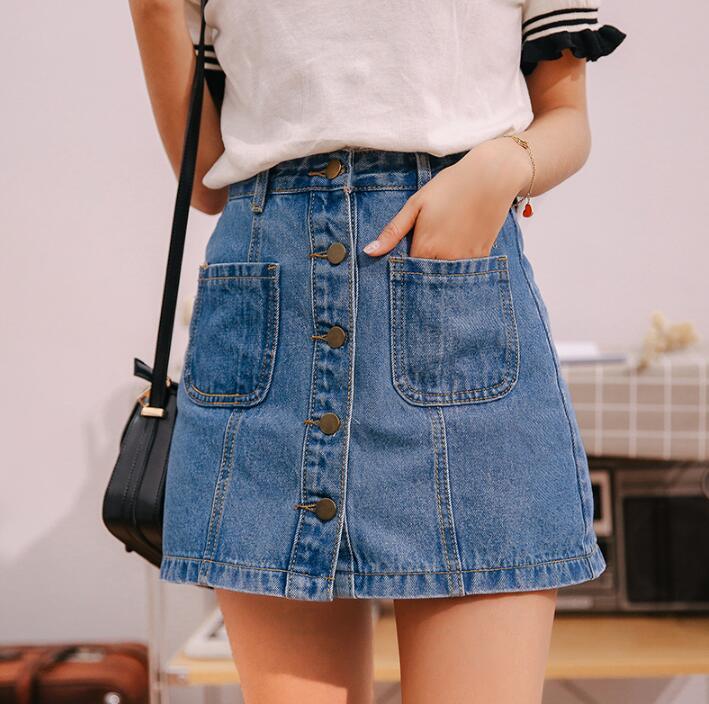 Jupe en jean, taille haute, A-line, femme, été, poches, bouton unique Sky blue