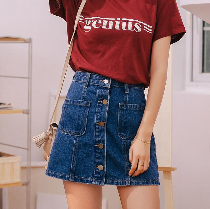 Jupe en jean, taille haute, A-line, femme, été, poches, bouton unique Blue