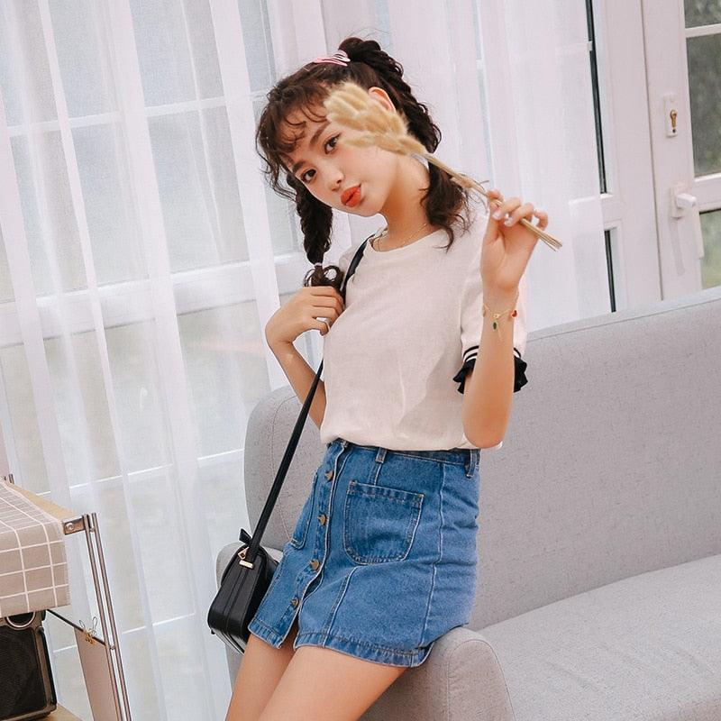 Jupe en jean, taille haute, A-line, femme, été, poches, bouton unique