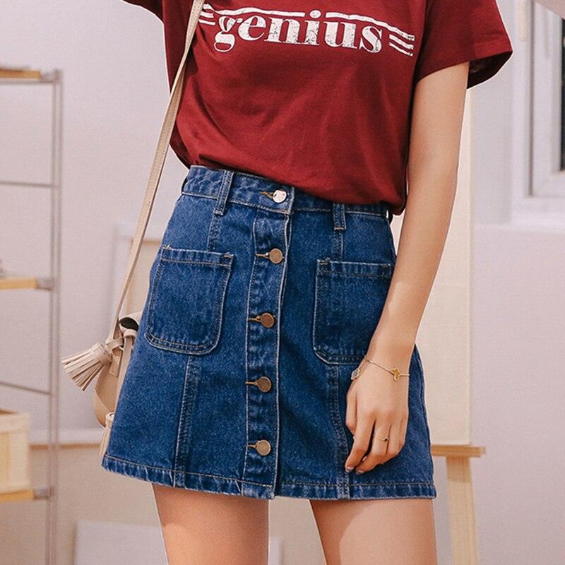 Jupe en jean, taille haute, A-line, femme, été, poches, bouton unique