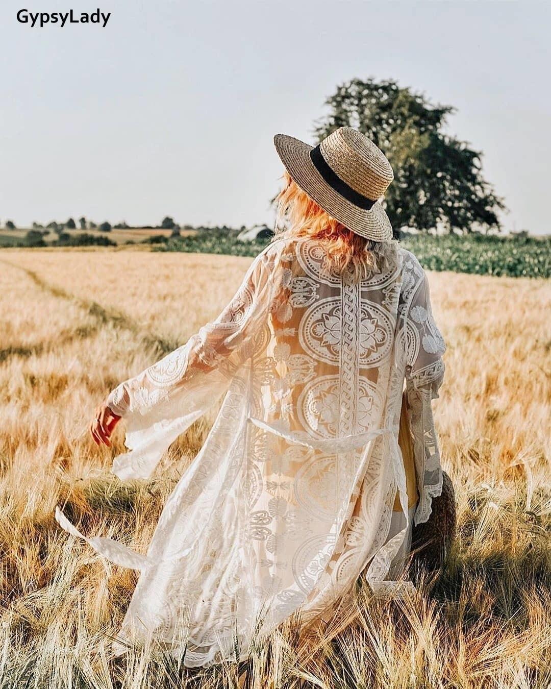 Kimono Long Blanc avec Broderies