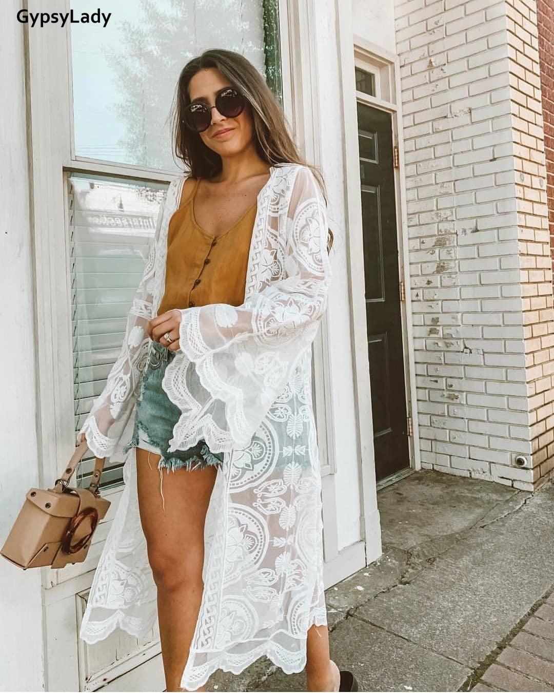 Kimono Long Blanc avec Broderies