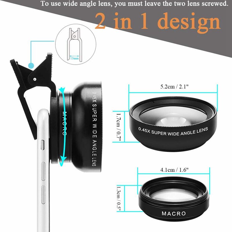 Kit de lentilles pour caméra Aokin 0,45x Super grand angle et 12,5x Macro pour iPhone Samsung Galaxy