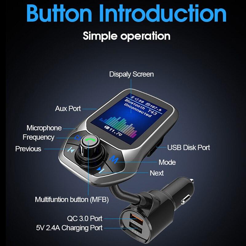 Kit mains libres pour voiture avec écran couleur de 1,8 pouces compatible Bluetooth 3 ports USB QC3.0 chargeur de voiture transmetteur FM lecteur de musique MP3 pour voiture