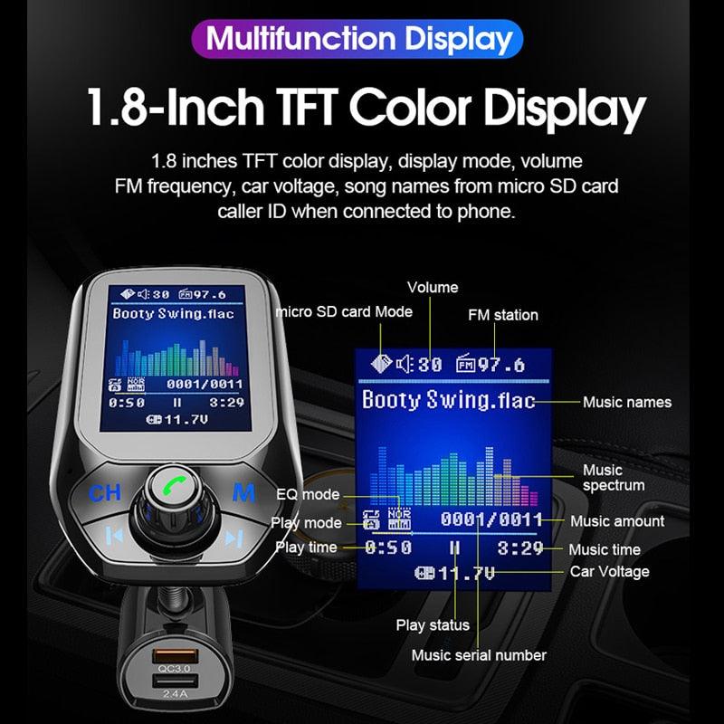 Kit mains libres pour voiture avec écran couleur de 1,8 pouces compatible Bluetooth 3 ports USB QC3.0 chargeur de voiture transmetteur FM lecteur de musique MP3 pour voiture