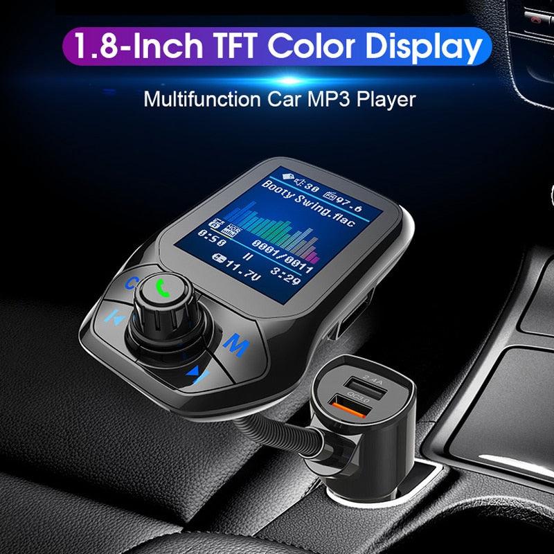 Kit mains libres pour voiture avec écran couleur de 1,8 pouces compatible Bluetooth 3 ports USB QC3.0 chargeur de voiture transmetteur FM lecteur de musique MP3 pour voiture