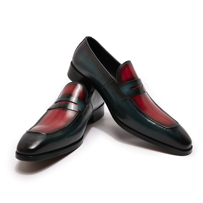 Large Size Mens Penny Loafers Genuine Calf Leather Blue-Red