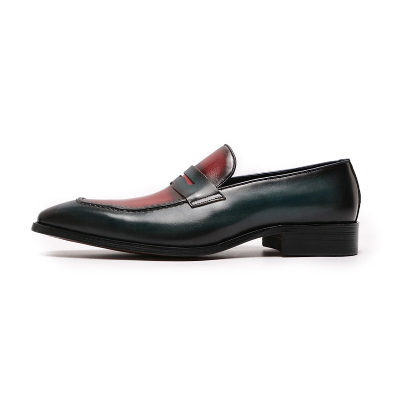 Large Size Mens Penny Loafers Genuine Calf Leather Blue-Red