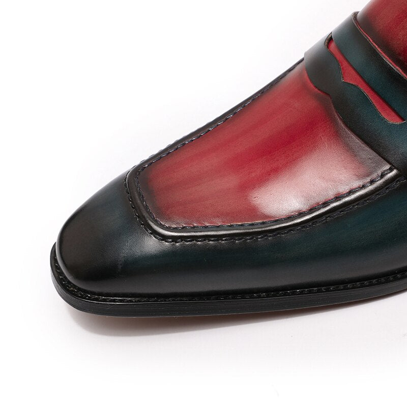Large Size Mens Penny Loafers Genuine Calf Leather Blue-Red
