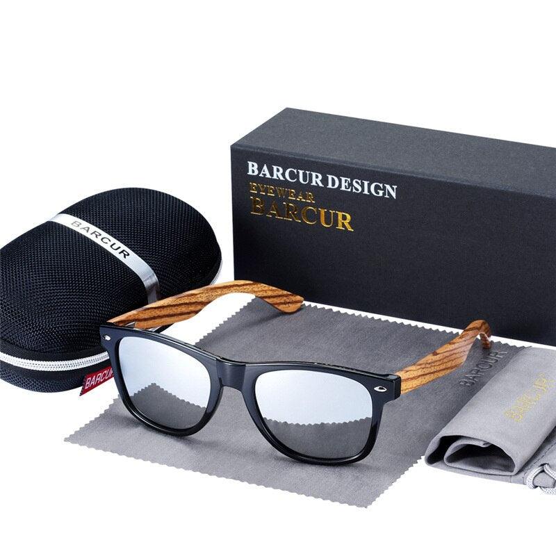 Lunettes de soleil en bois de zèbre polarisées pour hommes avec étui Silver EVABox Polarized