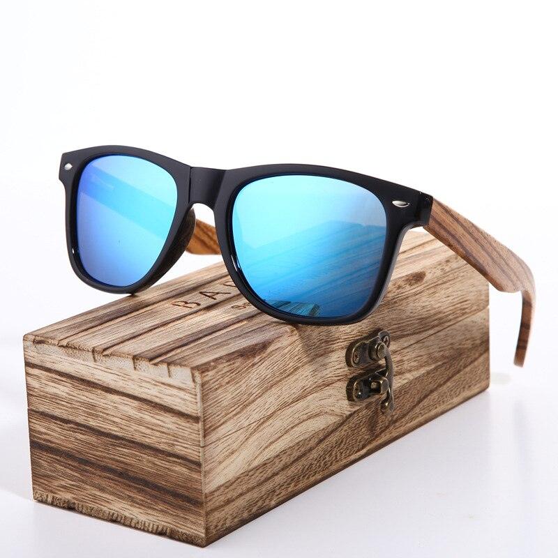 Lunettes de soleil en bois de zèbre polarisées pour hommes avec étui Skype Blue WoodBox Polarized