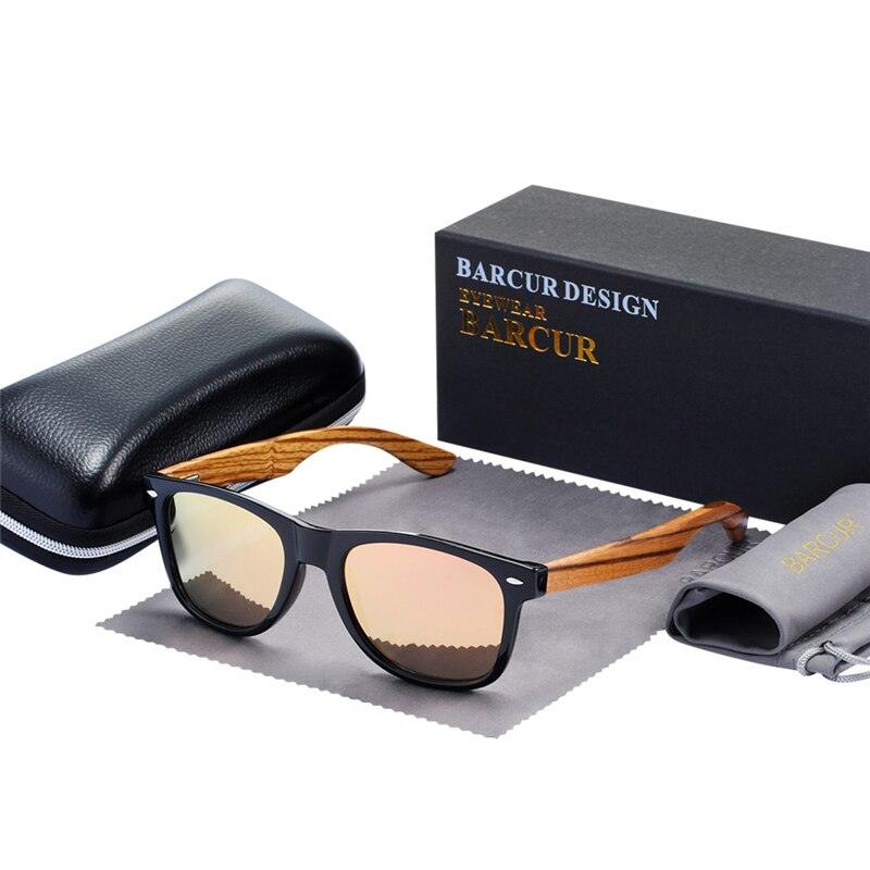 Lunettes de soleil en bois de zèbre polarisées pour hommes avec étui Pink EVABox Polarized