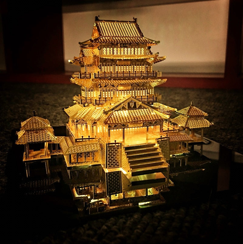 MMZ MODEL Piececool 3D Metal Puzzle TengWang Pavilion Assembly Metal Model kit DIY 3D Laser Cut Model puzzle Toys Gift for Adult A with led light