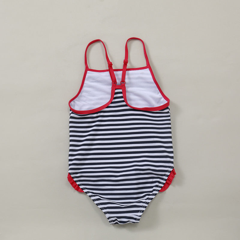 "Maillot de bain une pièce rayé pour enfant - volants bleu foncé"