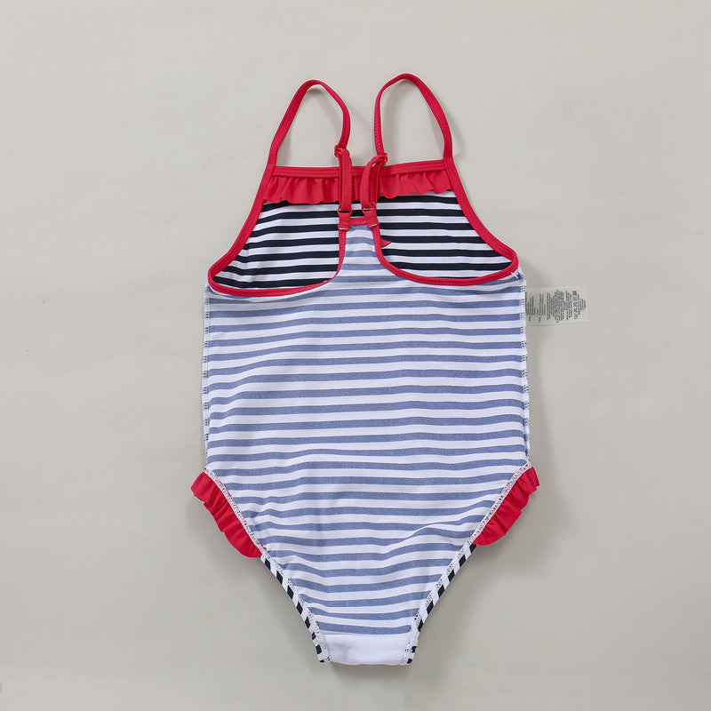 "Maillot de bain une pièce rayé pour enfant - volants bleu foncé"
