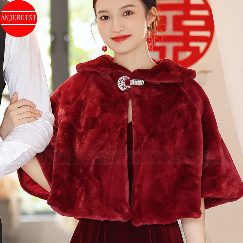 Manteau en fausse fourrure pour mariage et occasions décontractées | AOMshop Red One Size