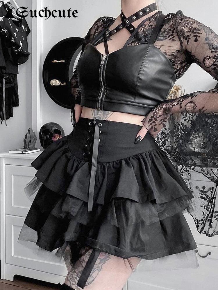"Mini-jupe gothique avec lacets pour femmes - style punk noir"