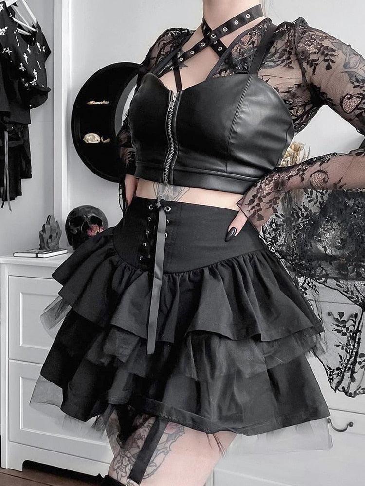 "Mini-jupe gothique avec lacets pour femmes - style punk noir" black