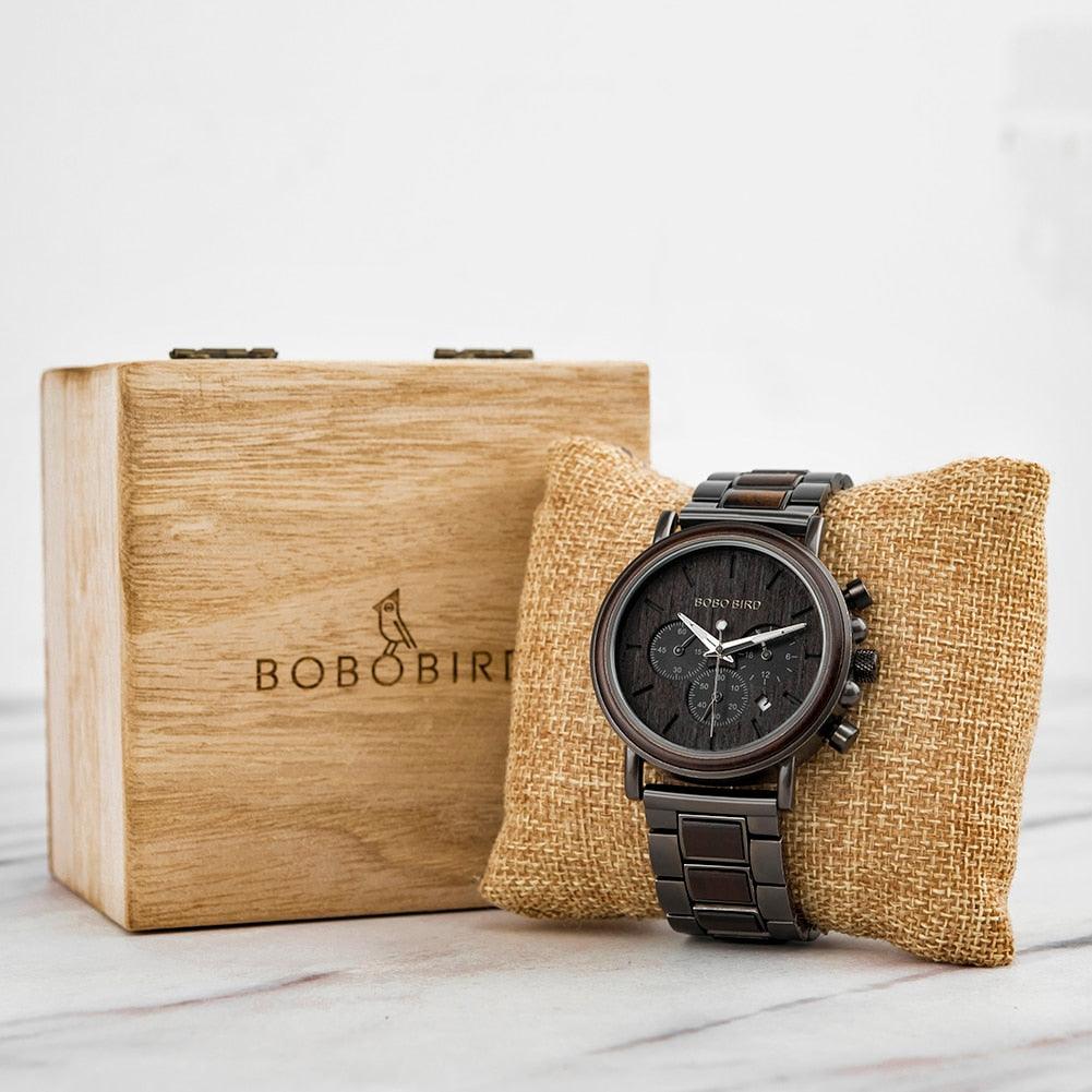 Montre chronographe pour homme en bois de marque de luxe avec bracelet en métal