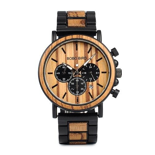 Montre chronographe pour homme en bois de marque de luxe avec bracelet en métal P09-1