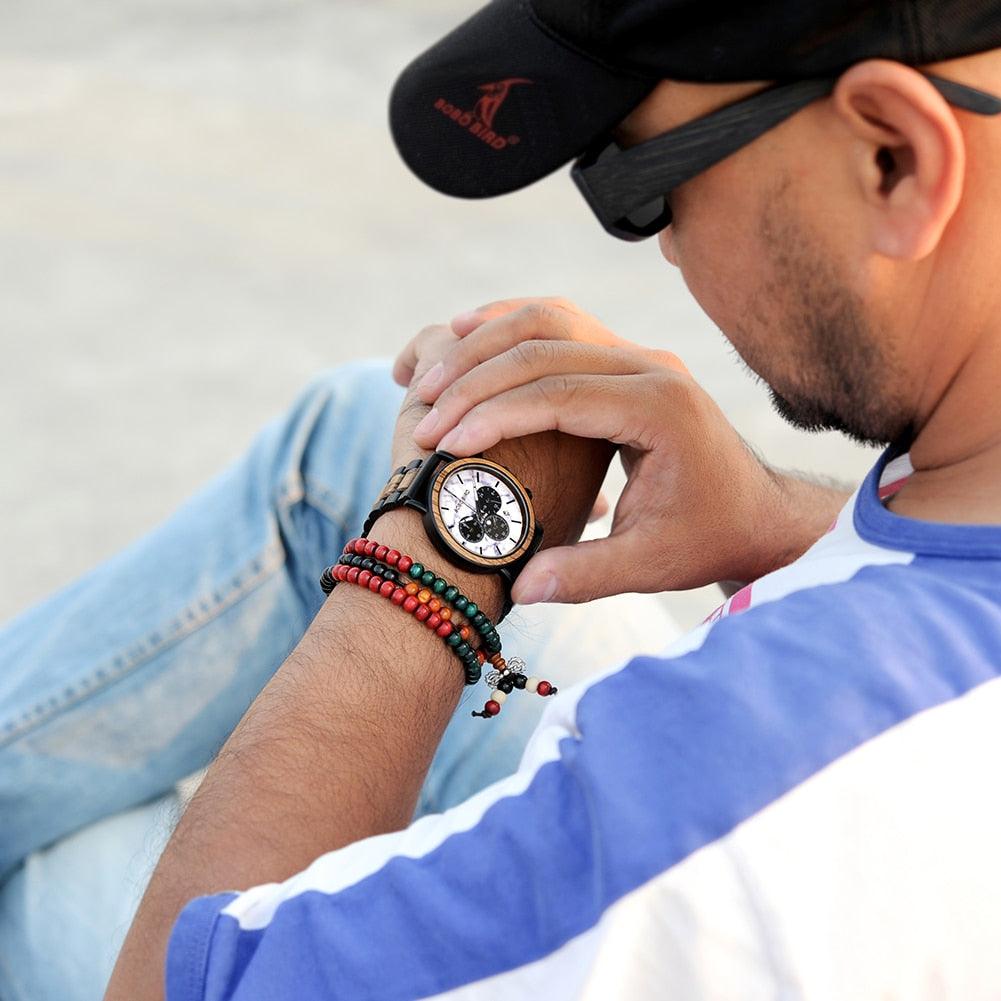 Montre chronographe pour homme en bois de marque de luxe avec bracelet en métal