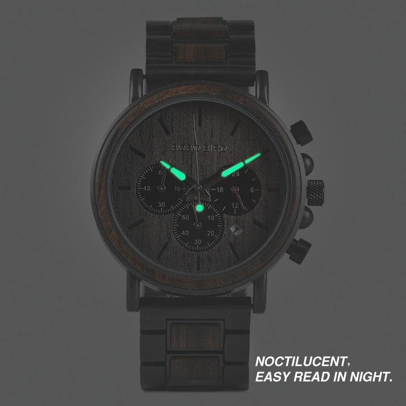 Montre chronographe pour homme en bois de marque de luxe avec bracelet en métal