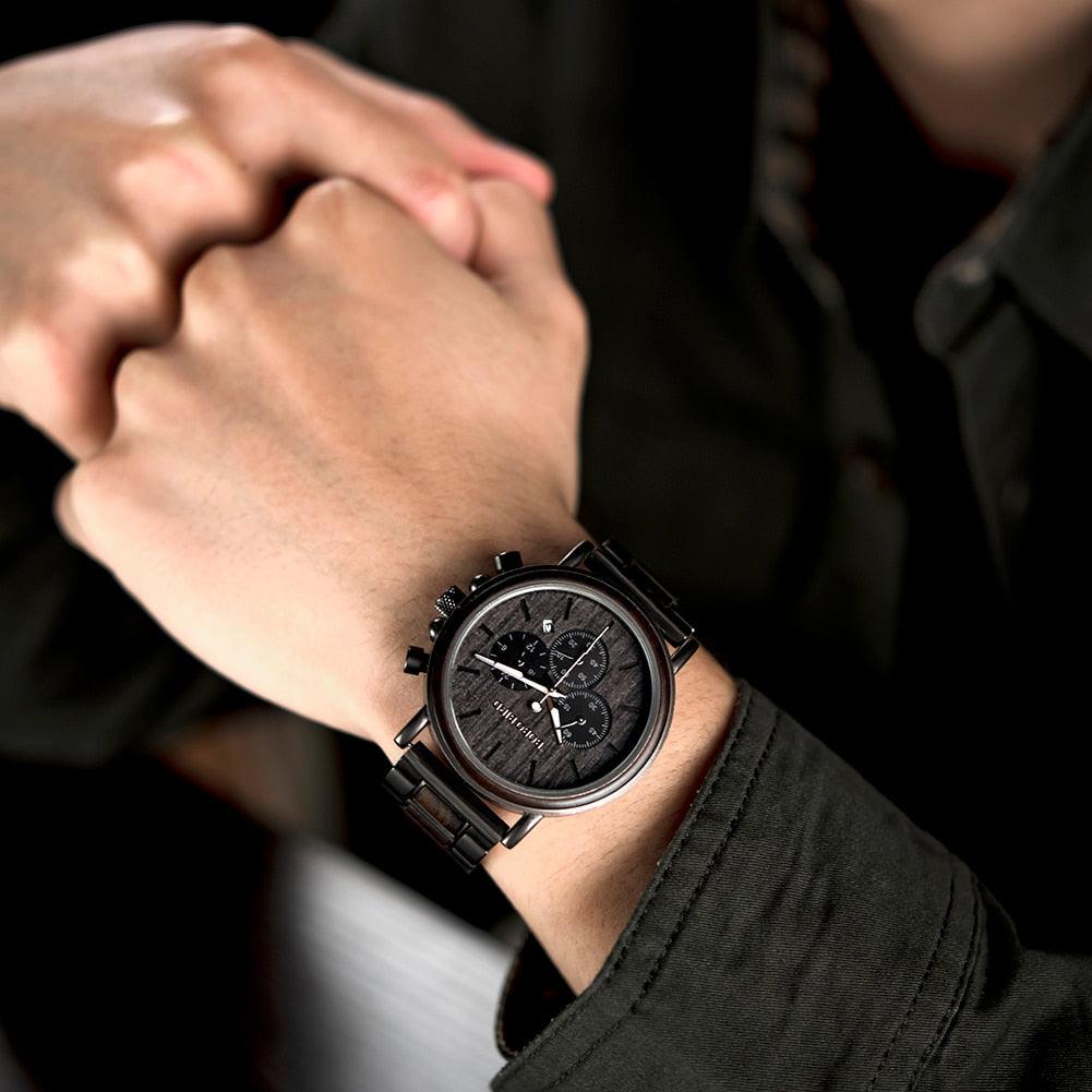 Montre chronographe pour homme en bois de marque de luxe avec bracelet en métal