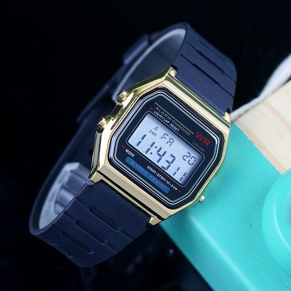 Montre numérique rétro homme/femme dorée affichage électronique Rubber Gold