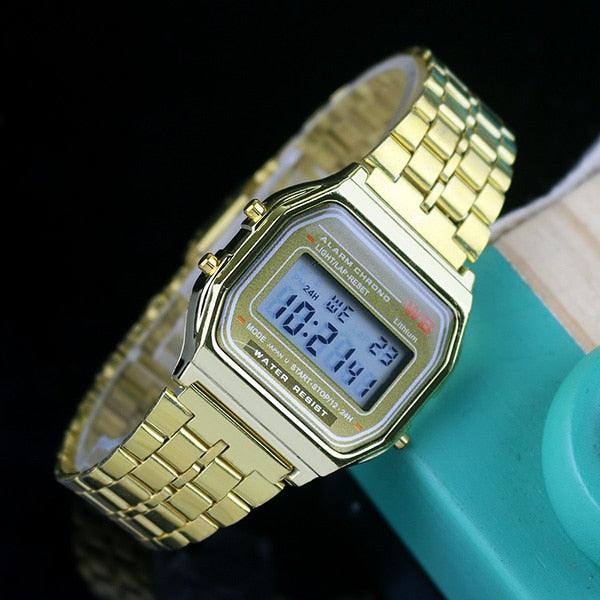 Montre numérique rétro homme/femme dorée affichage électronique Gold