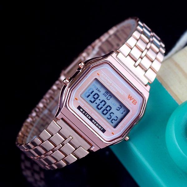 Montre numérique rétro homme/femme dorée affichage électronique Rose Gold