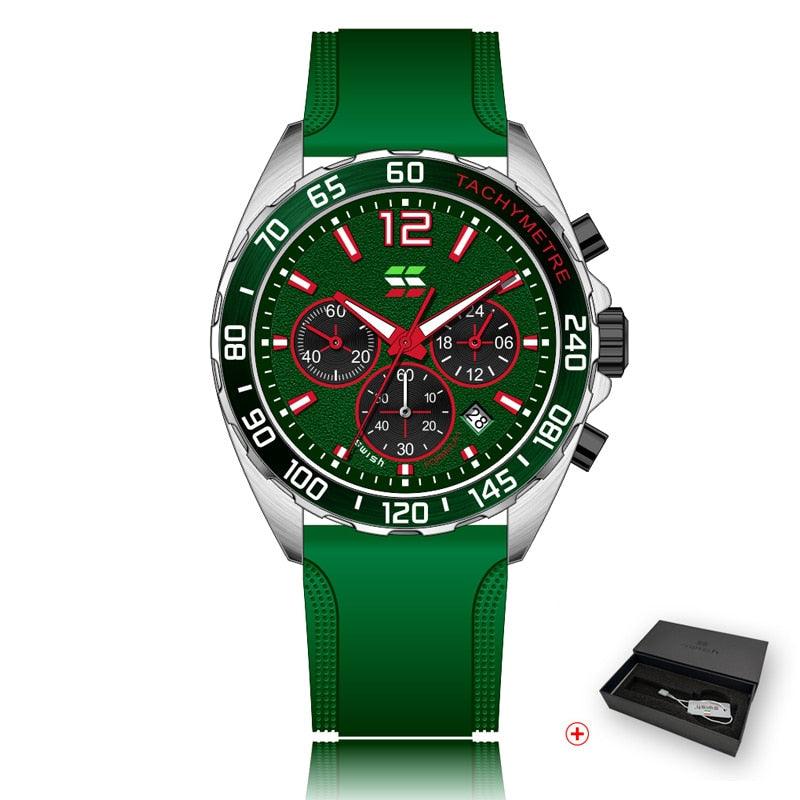 Montres pour Homme de Luxe avec Chronographe et Bracelet en Silicone Green with Box