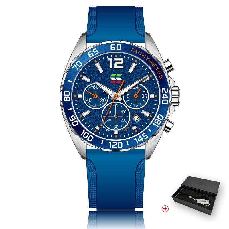 Montres pour Homme de Luxe avec Chronographe et Bracelet en Silicone Blue with Box